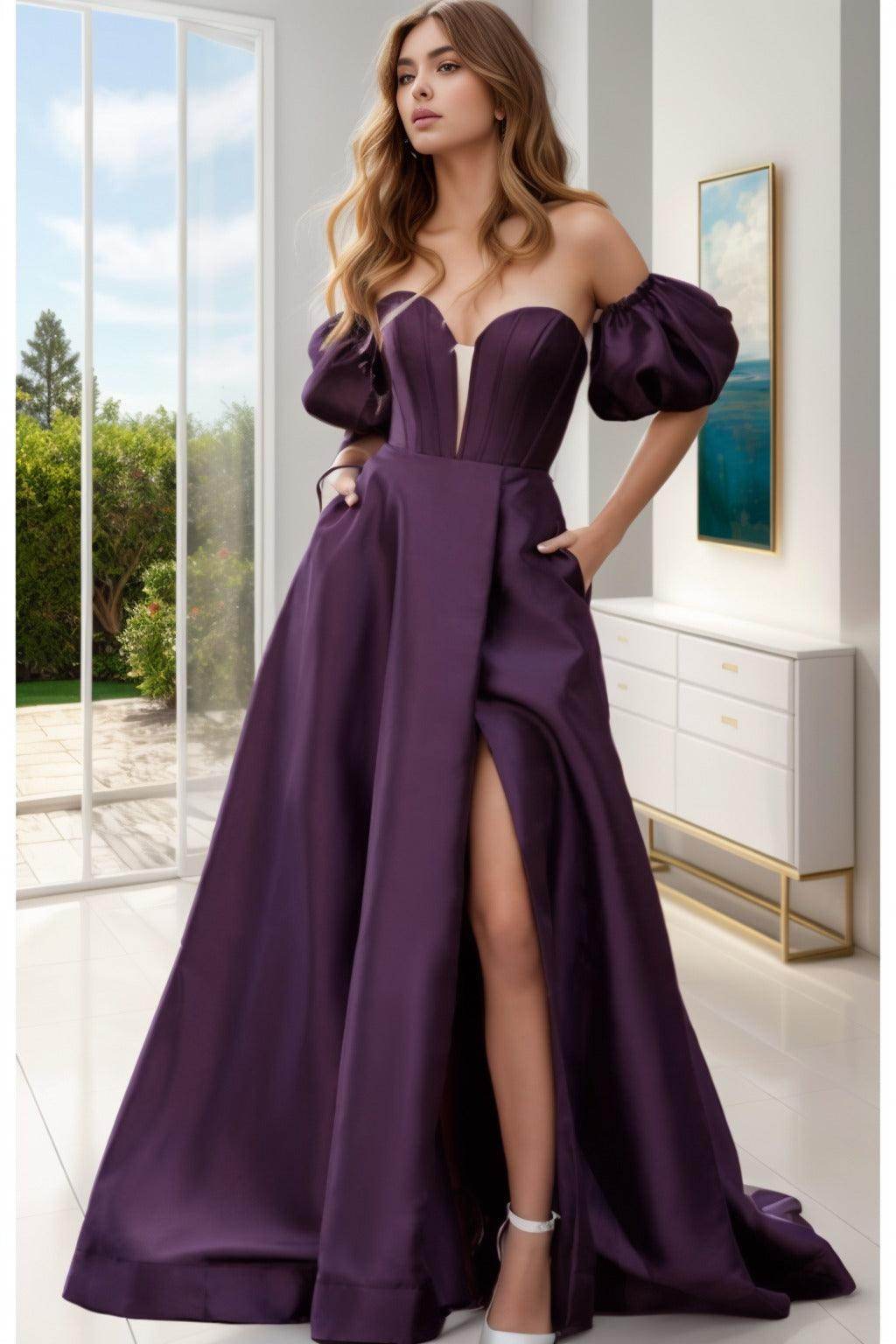 A-Line Sweep-Brush Train Satin Prom Dress CS0448