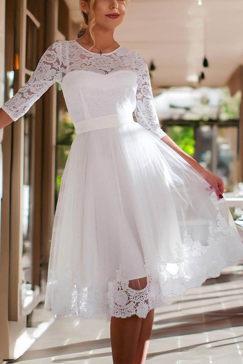 A-Line Tea Length Lace Tulle Little White Dress 100014