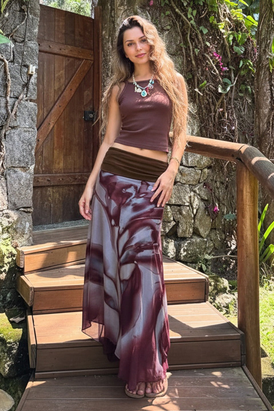 Abstract Print Asymmetric Maxi Skirt