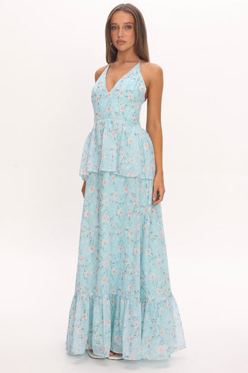Whispering Petals Peplum Maxi Dress Baby Blue