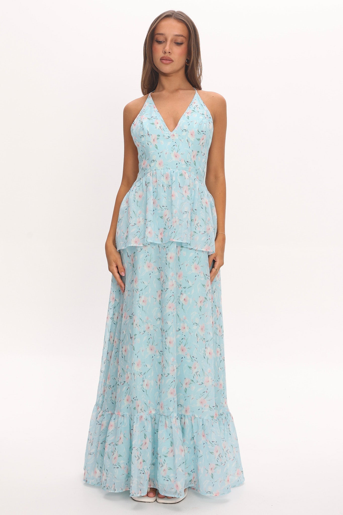 Whispering Petals Peplum Maxi Dress Baby Blue