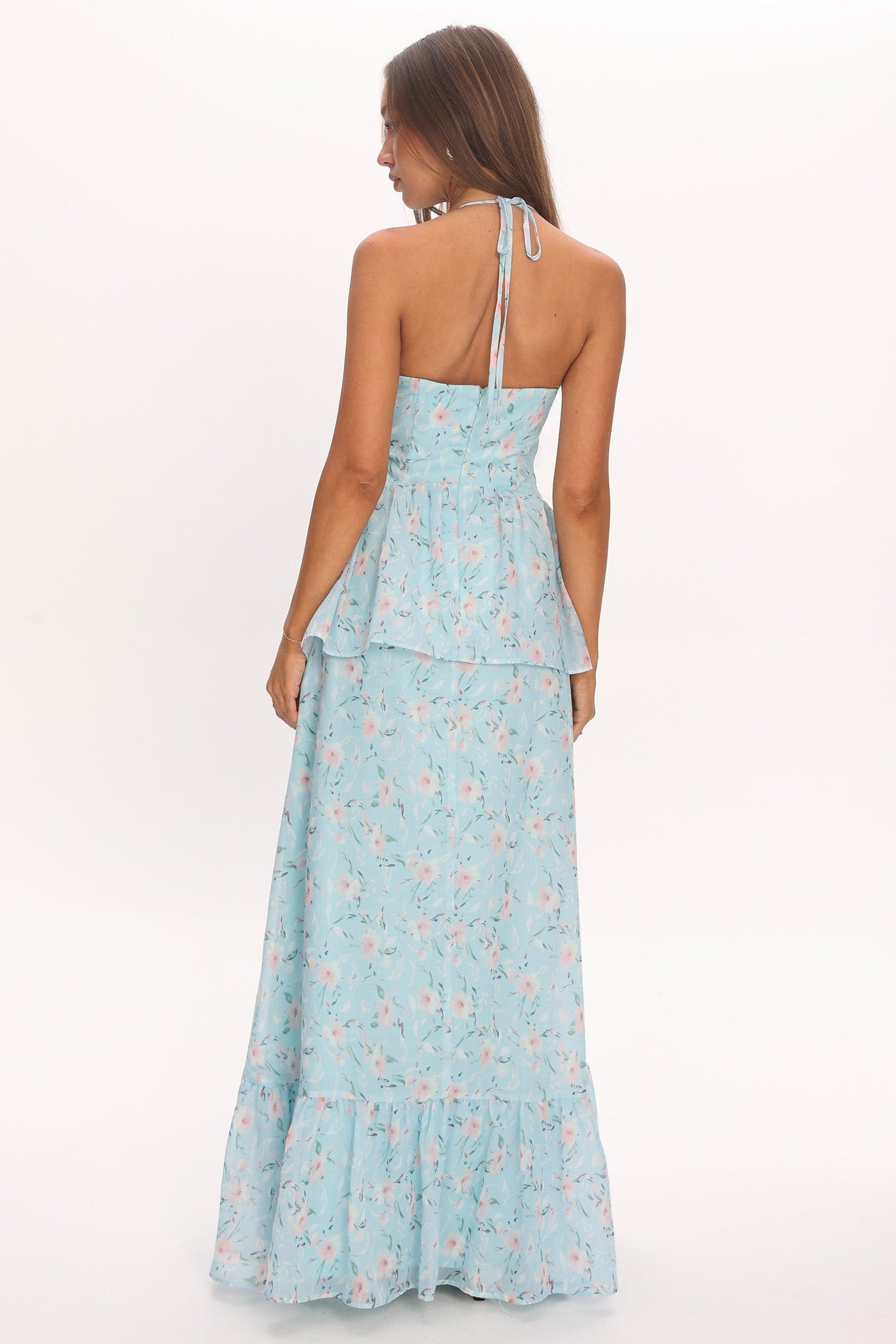 Whispering Petals Peplum Maxi Dress Baby Blue
