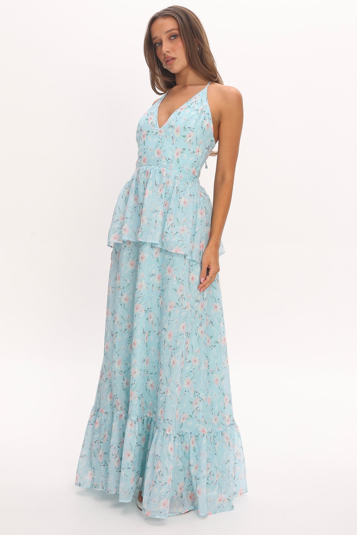 Whispering Petals Peplum Maxi Dress Baby Blue
