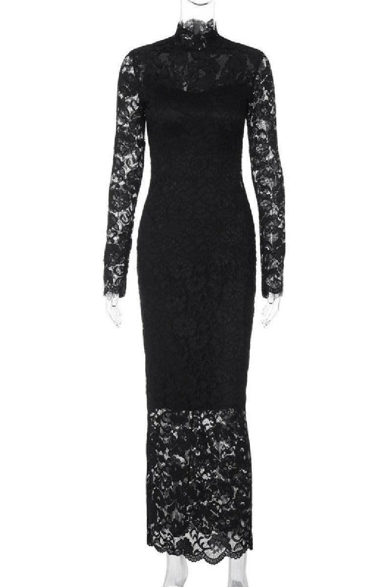 Lace patchwork slim long sleeved cocktail dress 769178582453