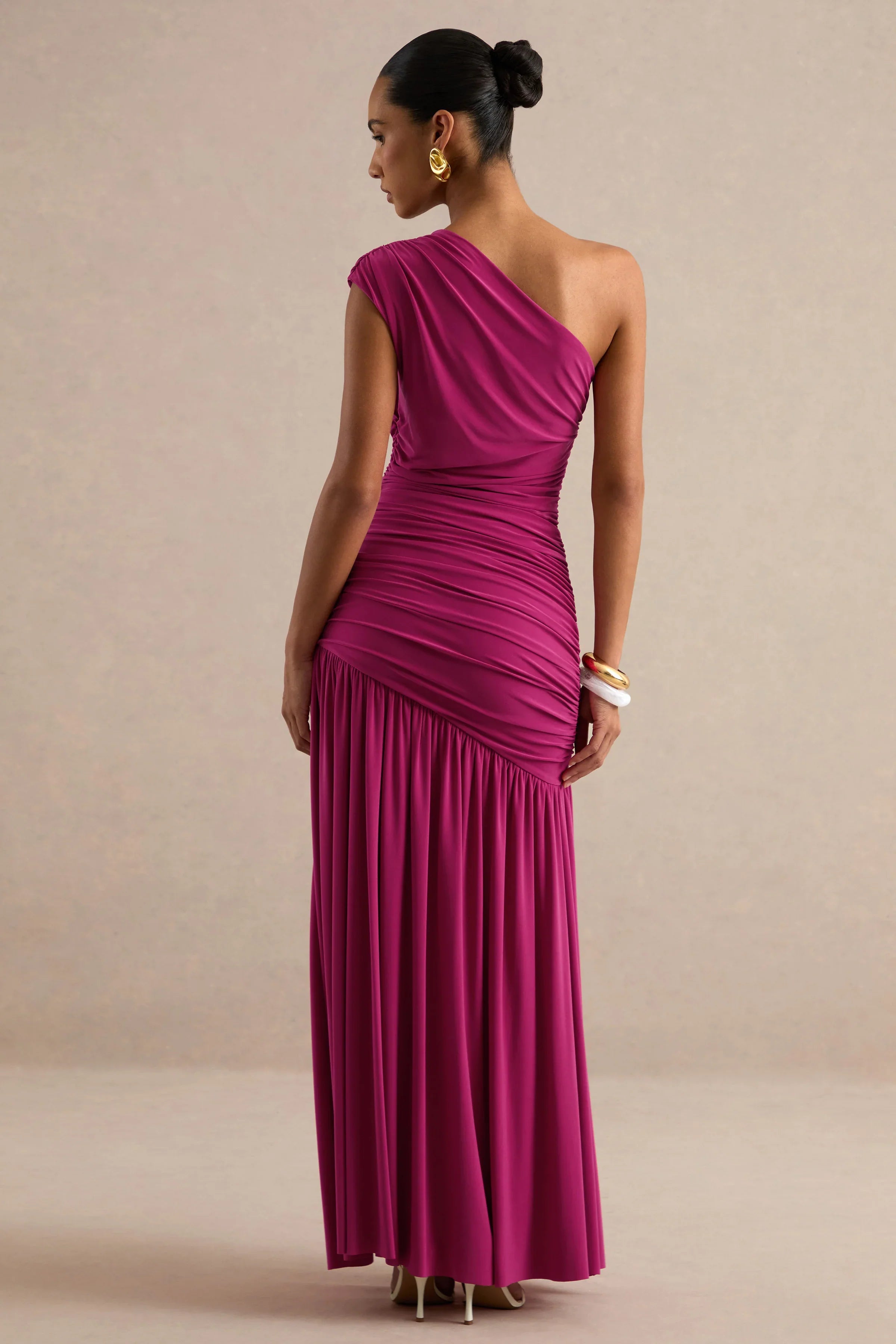 Alaya | Hot Pink Asymmetric-Neck Maxi Dress With Drop-Waist