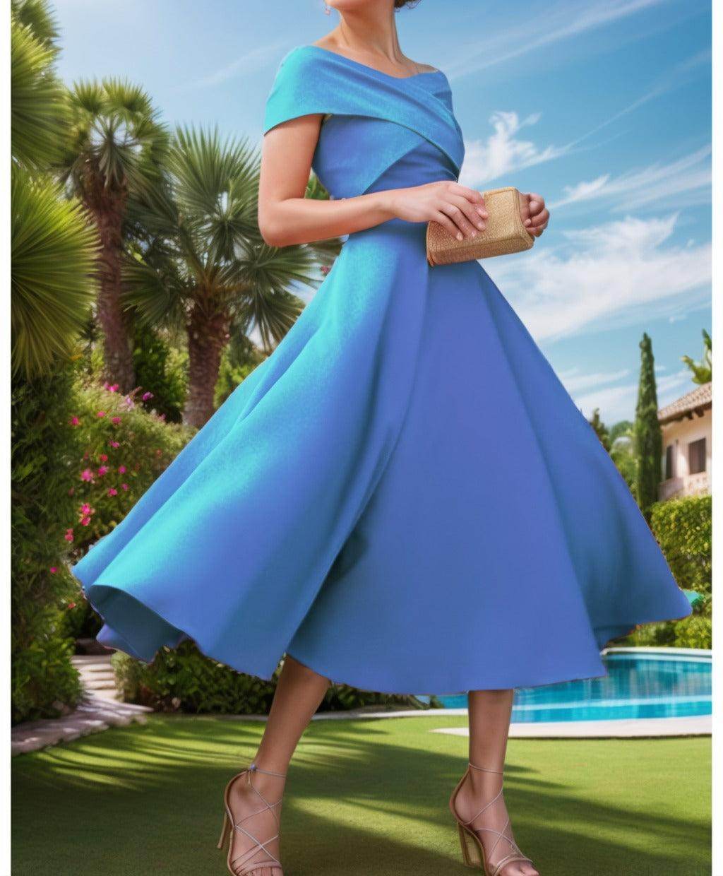 A-Line Tea Length Satin Prom Dress CS0455