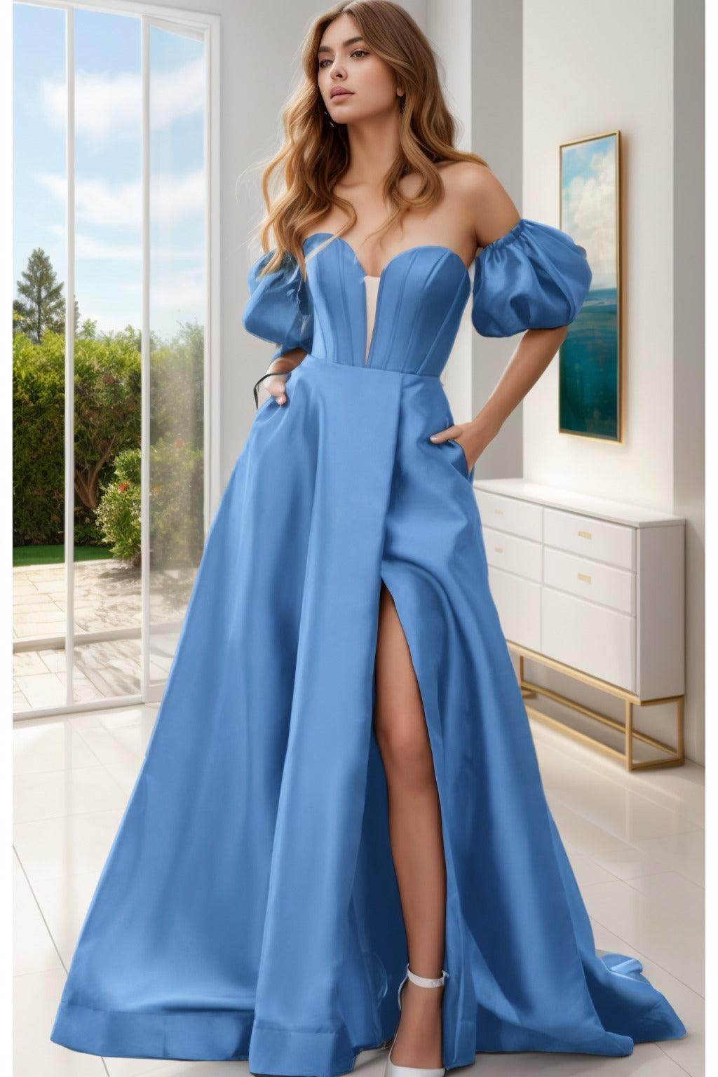 A-Line Sweep-Brush Train Satin Prom Dress CS0448