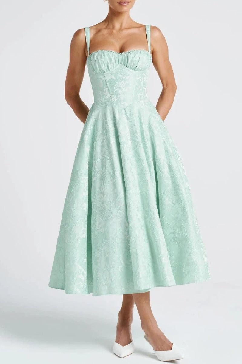 A-Line Tea Length Jacquard Satin Wedding Guest Dress 1038699395137