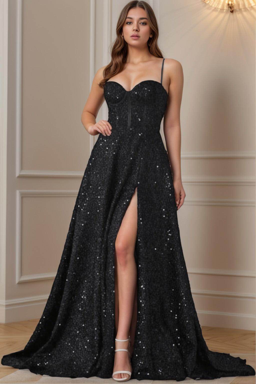 A-Line Sweep-Brush Train Sequined Prom Dress CS0404