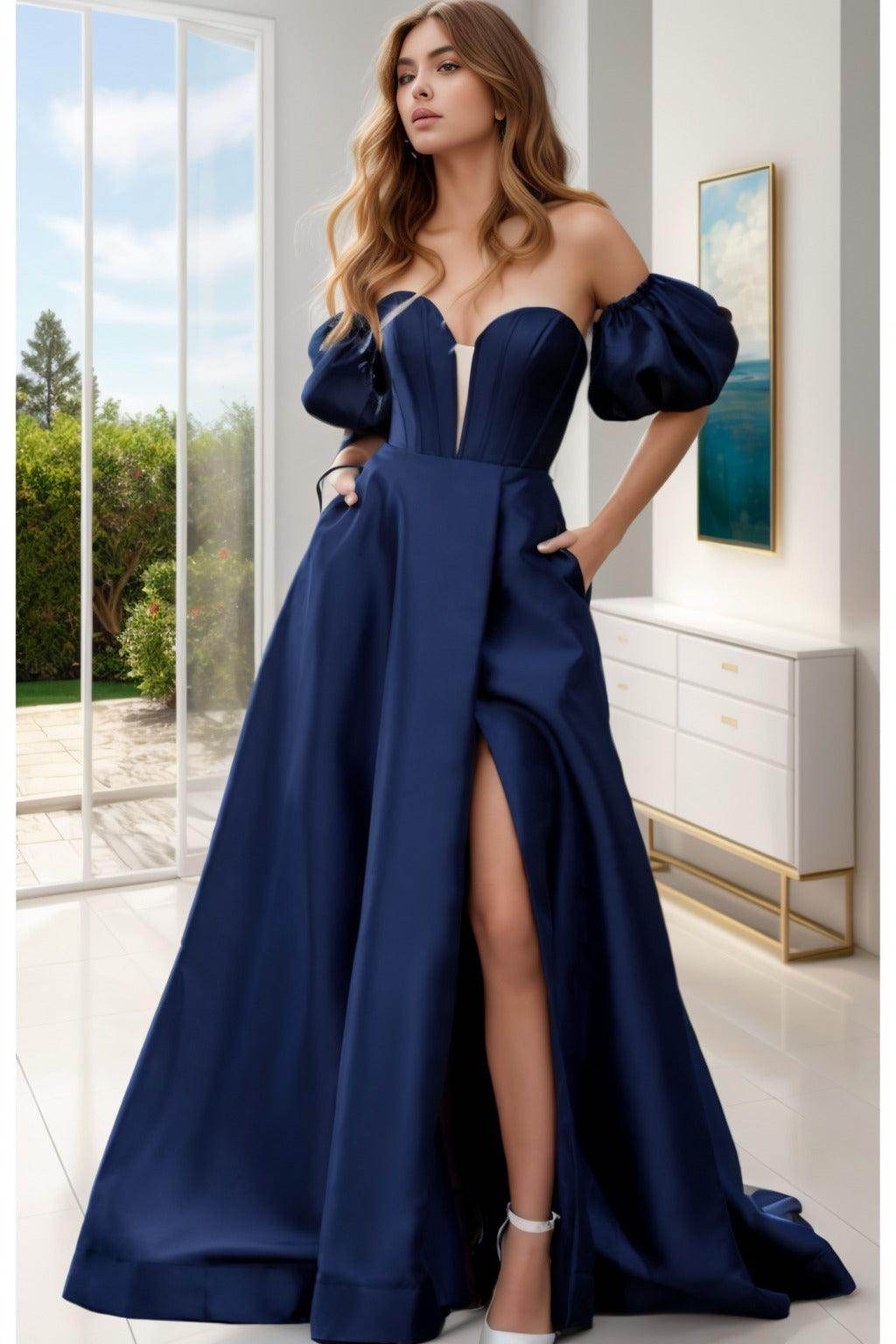 A-Line Sweep-Brush Train Satin Prom Dress CS0448
