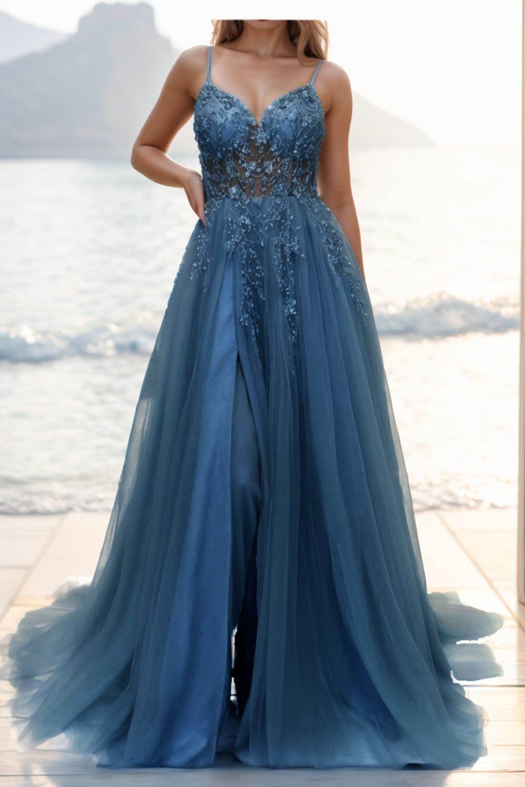 A-line Sweep-Brush Train Tulle Prom Dress CS0402