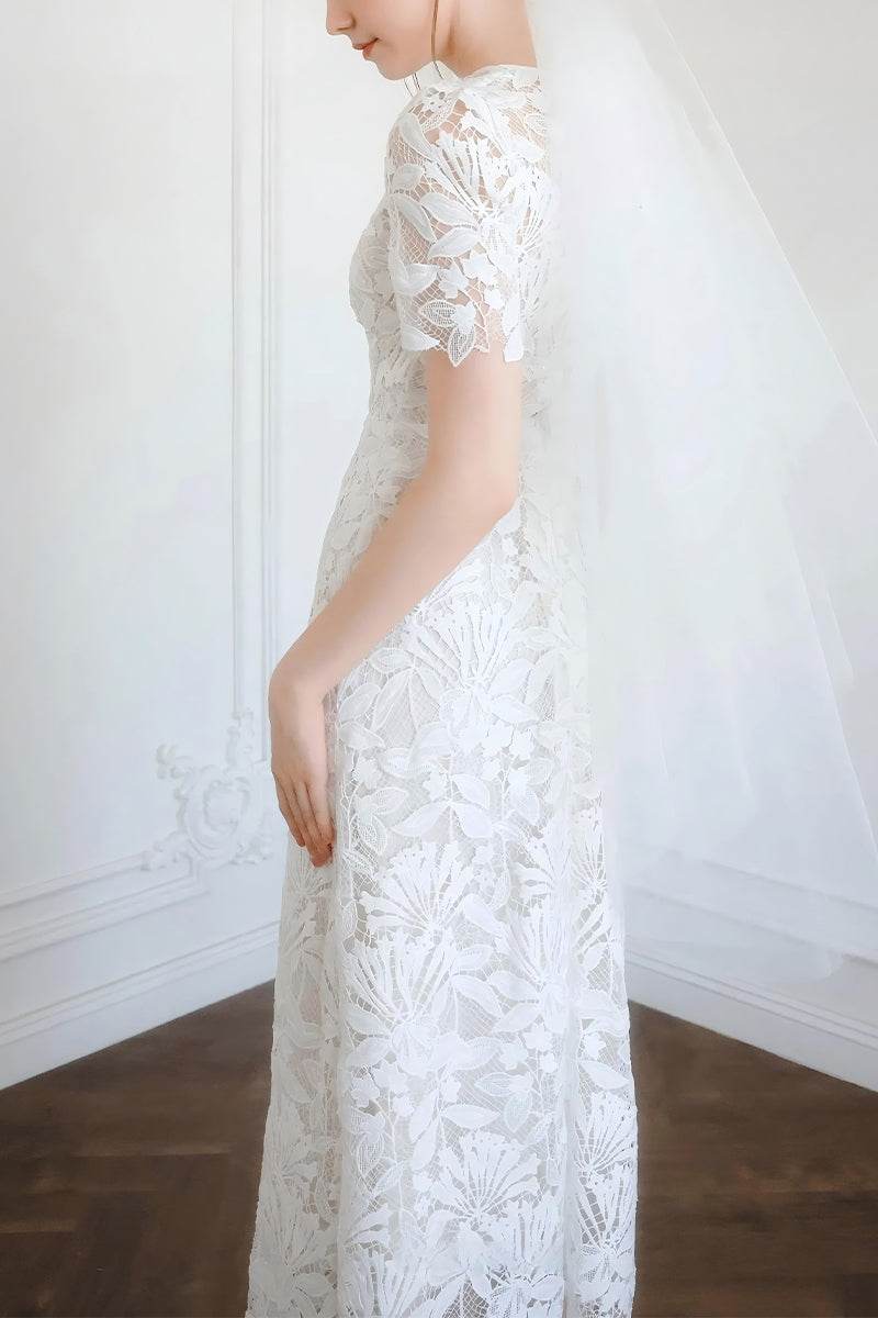 Sheath-Column Tea Length Lace Little White Dress 100016