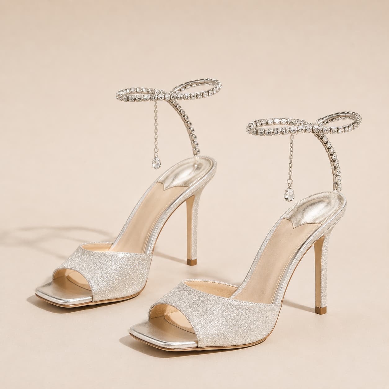 Glitter and Rhinestone Ankle Strap Square Stiletto Heels 695399992506