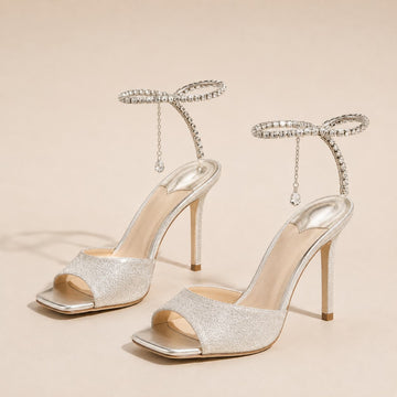 Glitter and Rhinestone Ankle Strap Square Stiletto Heels 695399992506