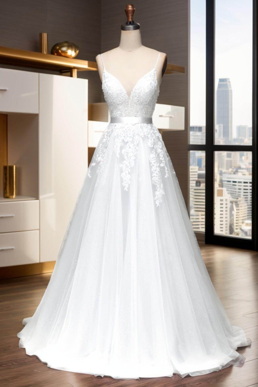 A-Line Sweep-Brush Train Tulle Prom Dress CS0464