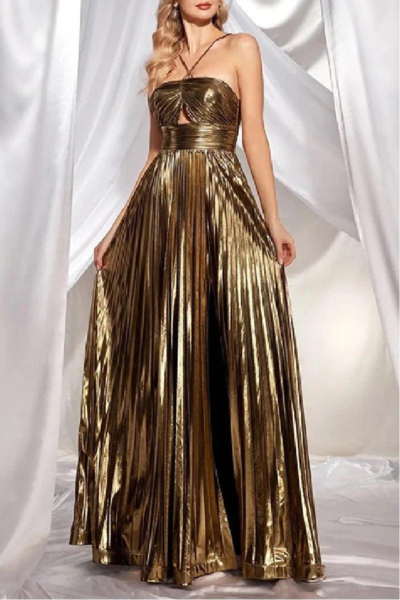 A-Line Floor Length Bronzing Fabric Wedding Guest Dress 860524354429