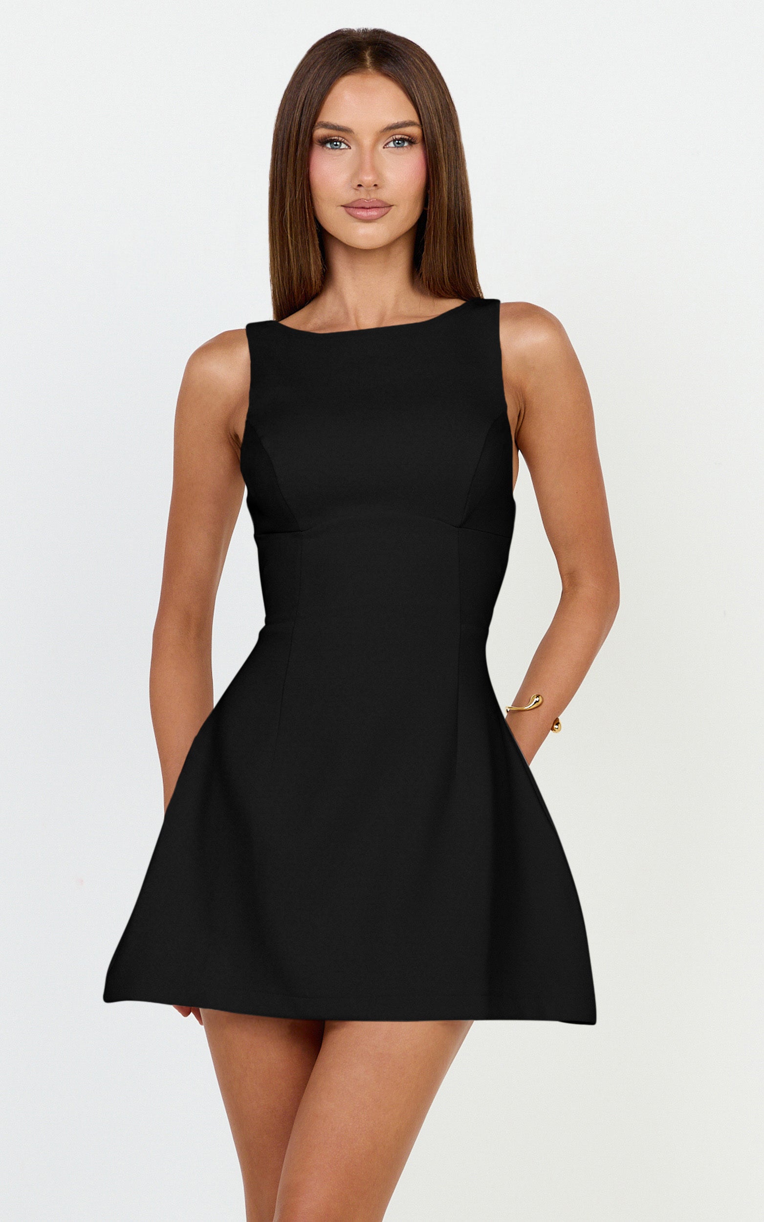Freddie Mini Dress - Boat Neck Fit and Flare Dress in Black