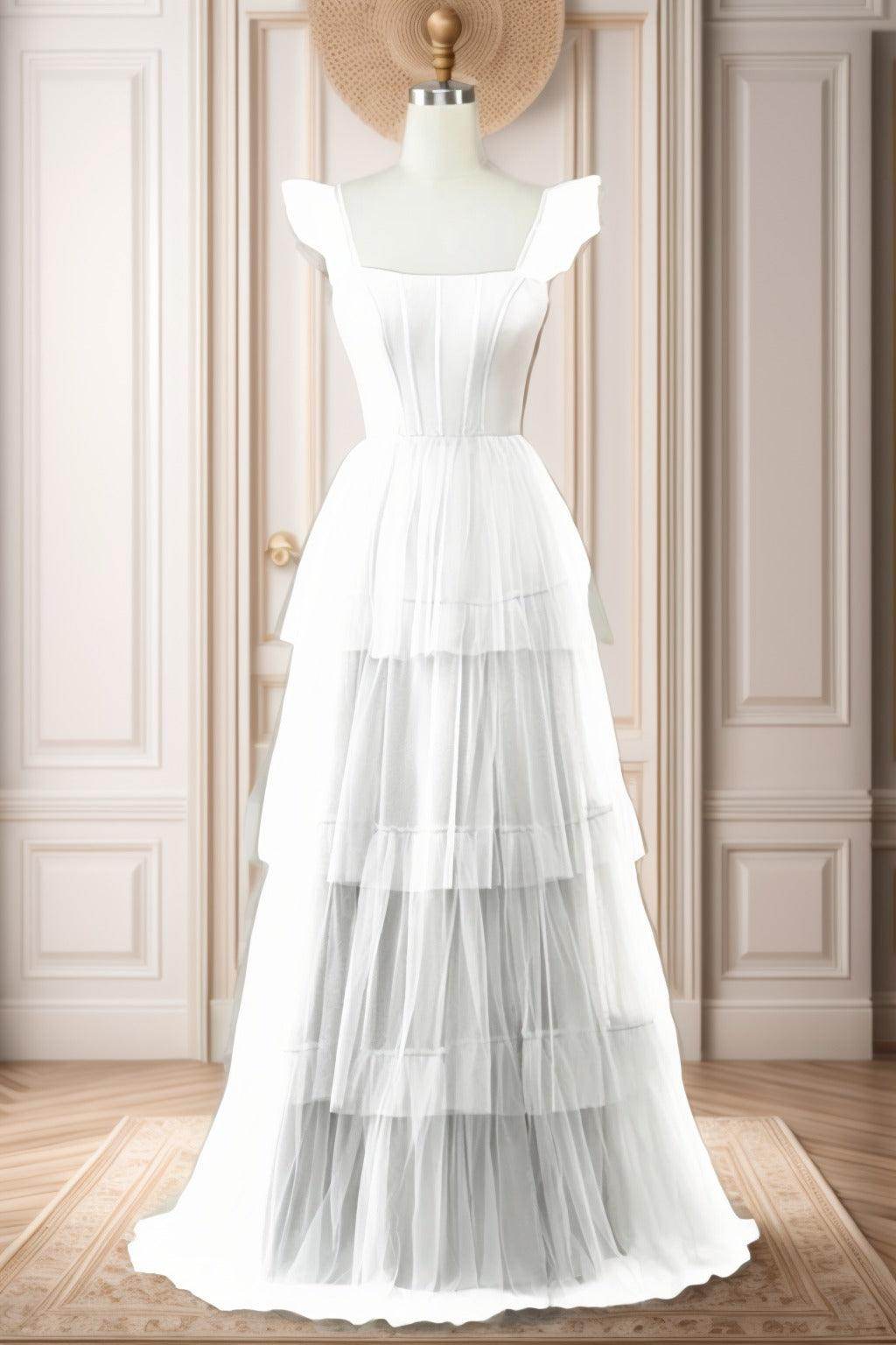 A-Line Sweep-Brush Train Tulle Prom Dress CS0471