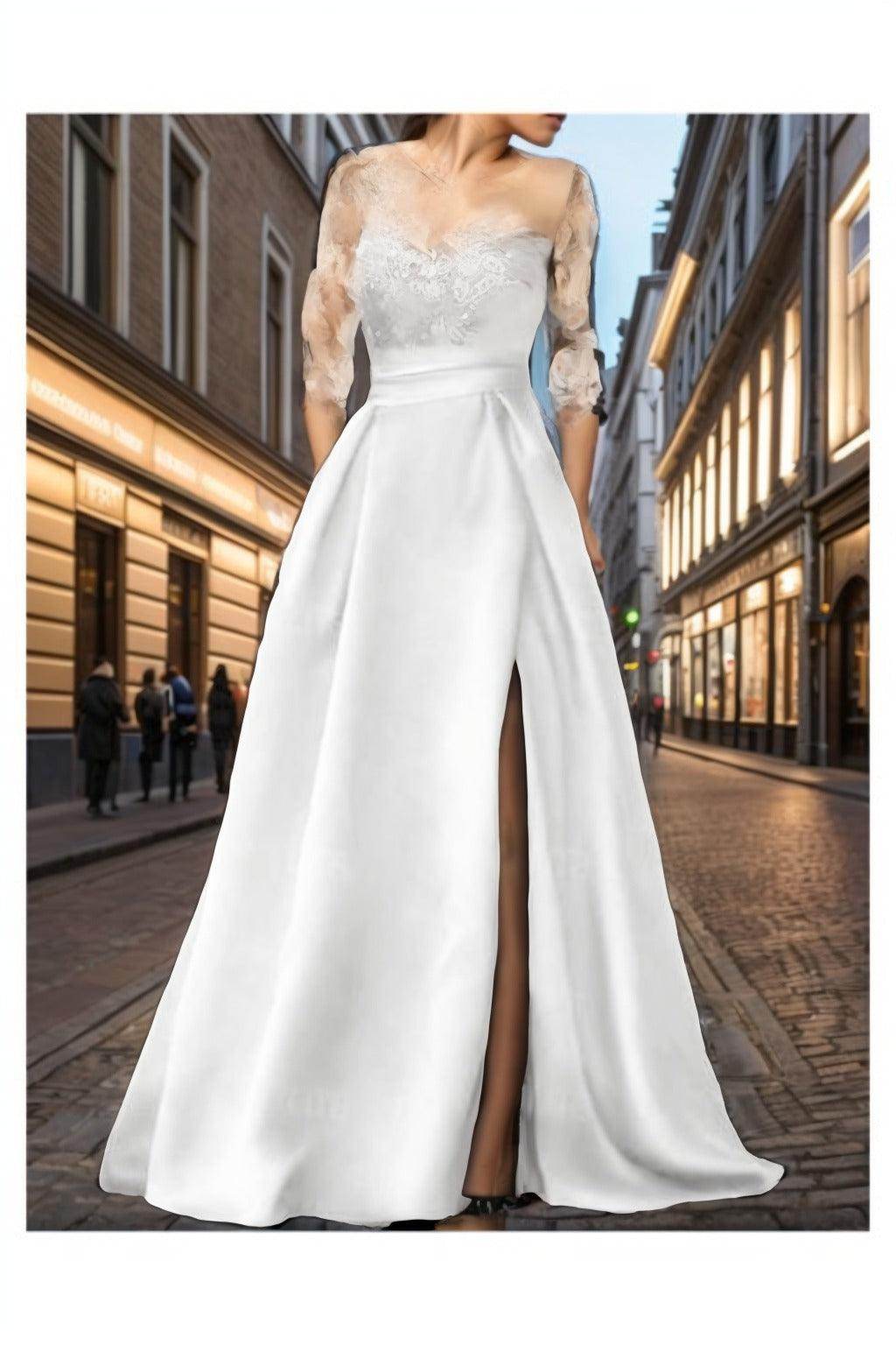 A-Line Sweep-Brush Train Satin Prom Dress CS0456