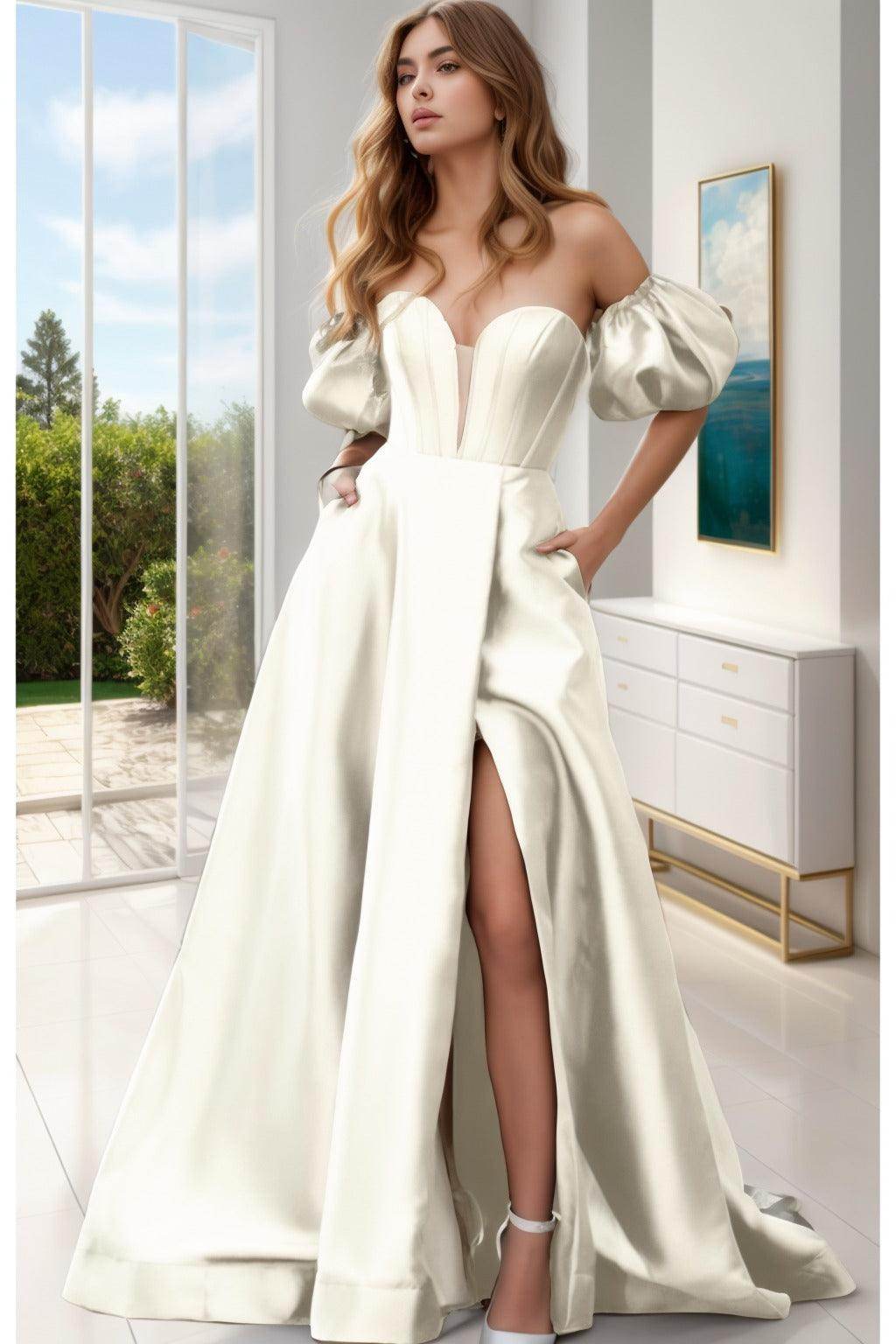 A-Line Sweep-Brush Train Satin Prom Dress CS0448