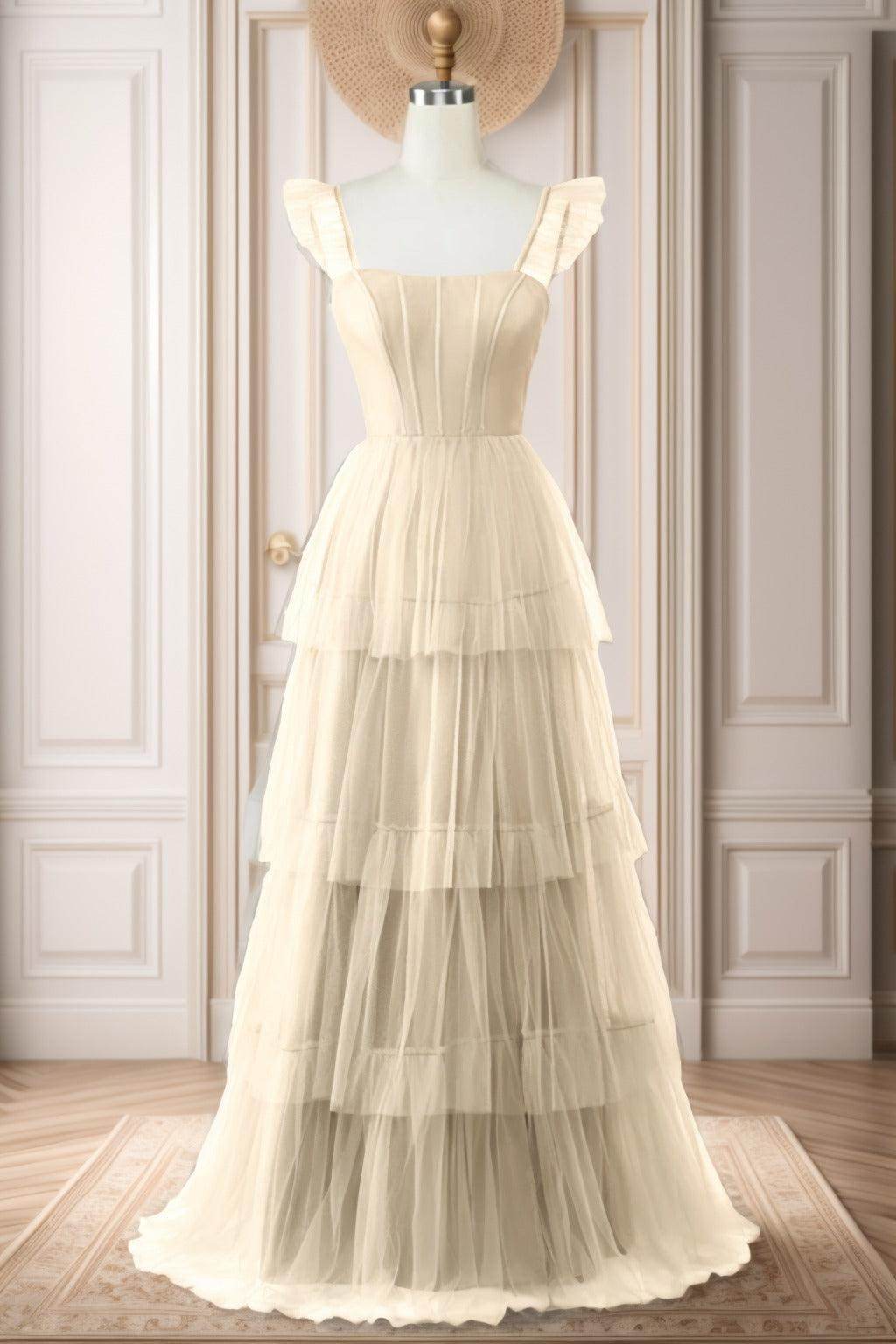 A-Line Sweep-Brush Train Tulle Prom Dress CS0471