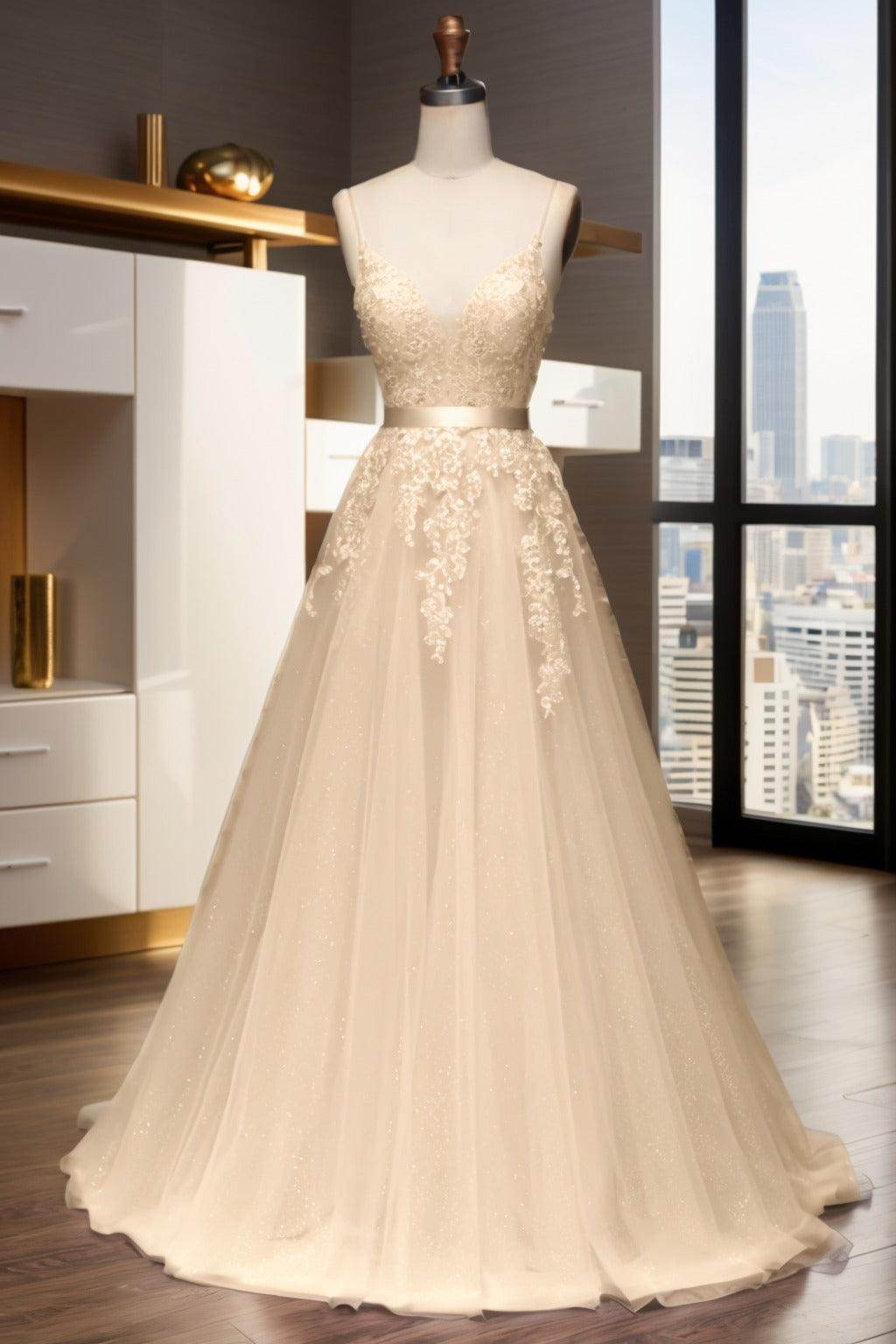 A-Line Sweep-Brush Train Tulle Prom Dress CS0464