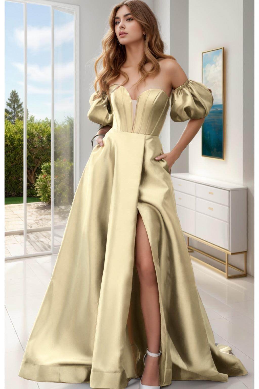 A-Line Sweep-Brush Train Satin Prom Dress CS0448