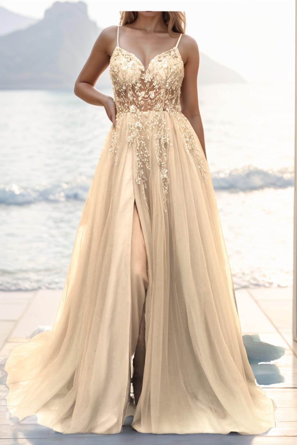 A-line Sweep-Brush Train Tulle Prom Dress CS0402