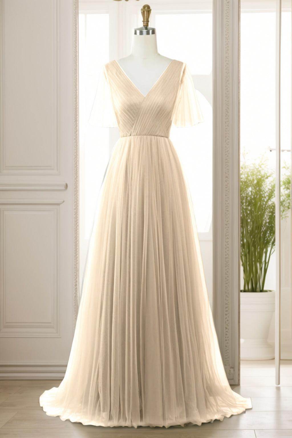 A-Line Sweep-Brush Train Tulle Prom Dress CS0472