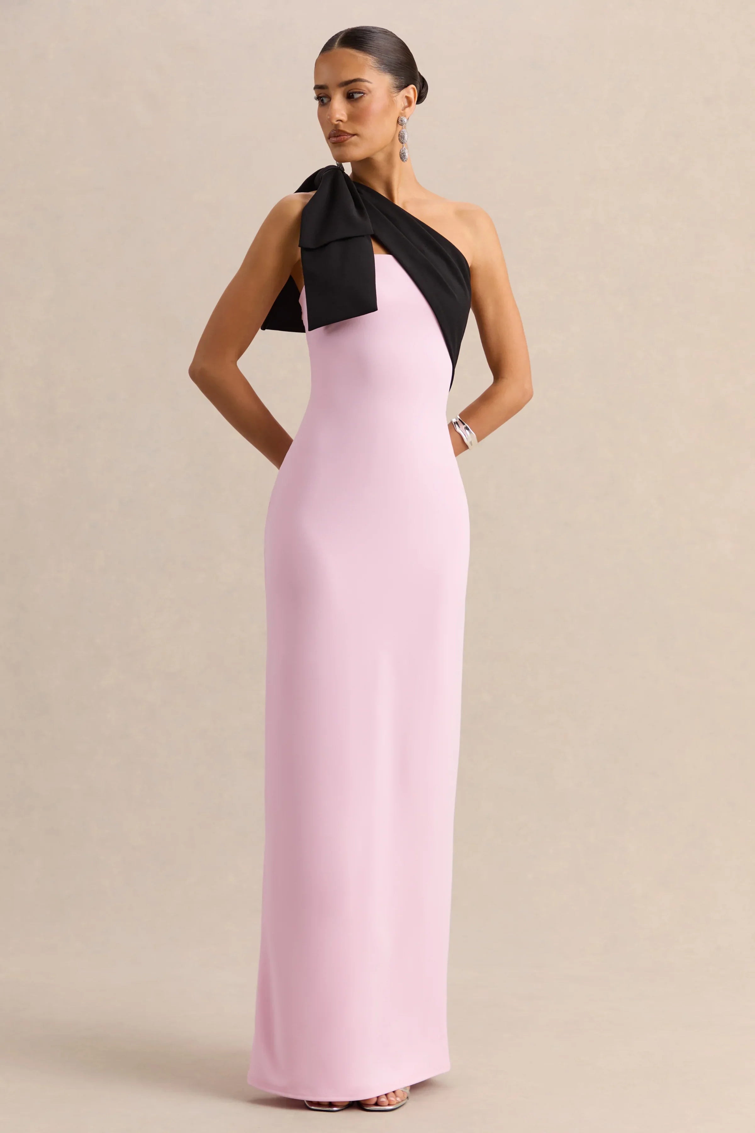 Adara | Pink & Black Asymmetric-Neck Maxi Dress With Bow-Detail