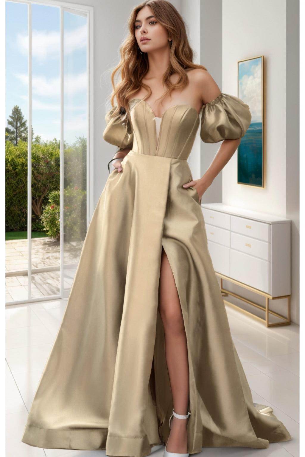 A-Line Sweep-Brush Train Satin Prom Dress CS0448