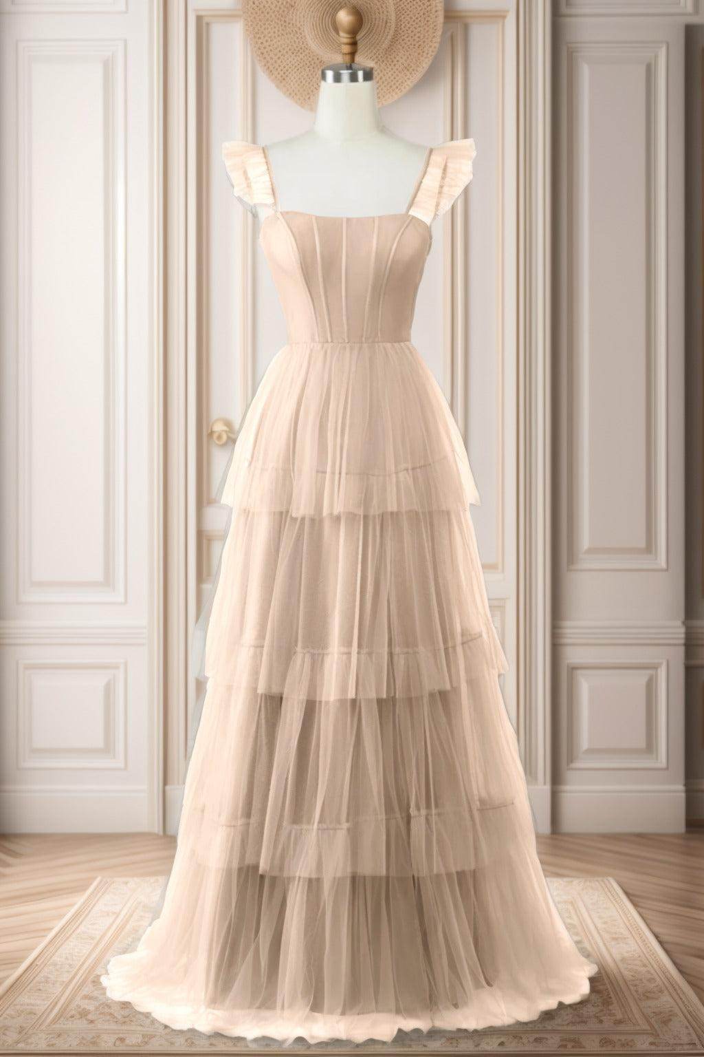 A-Line Sweep-Brush Train Tulle Prom Dress CS0471