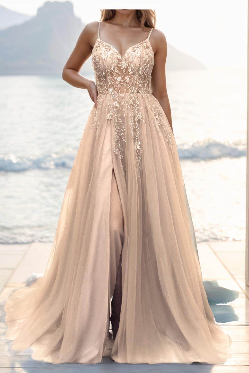 A-line Sweep-Brush Train Tulle Prom Dress CS0402