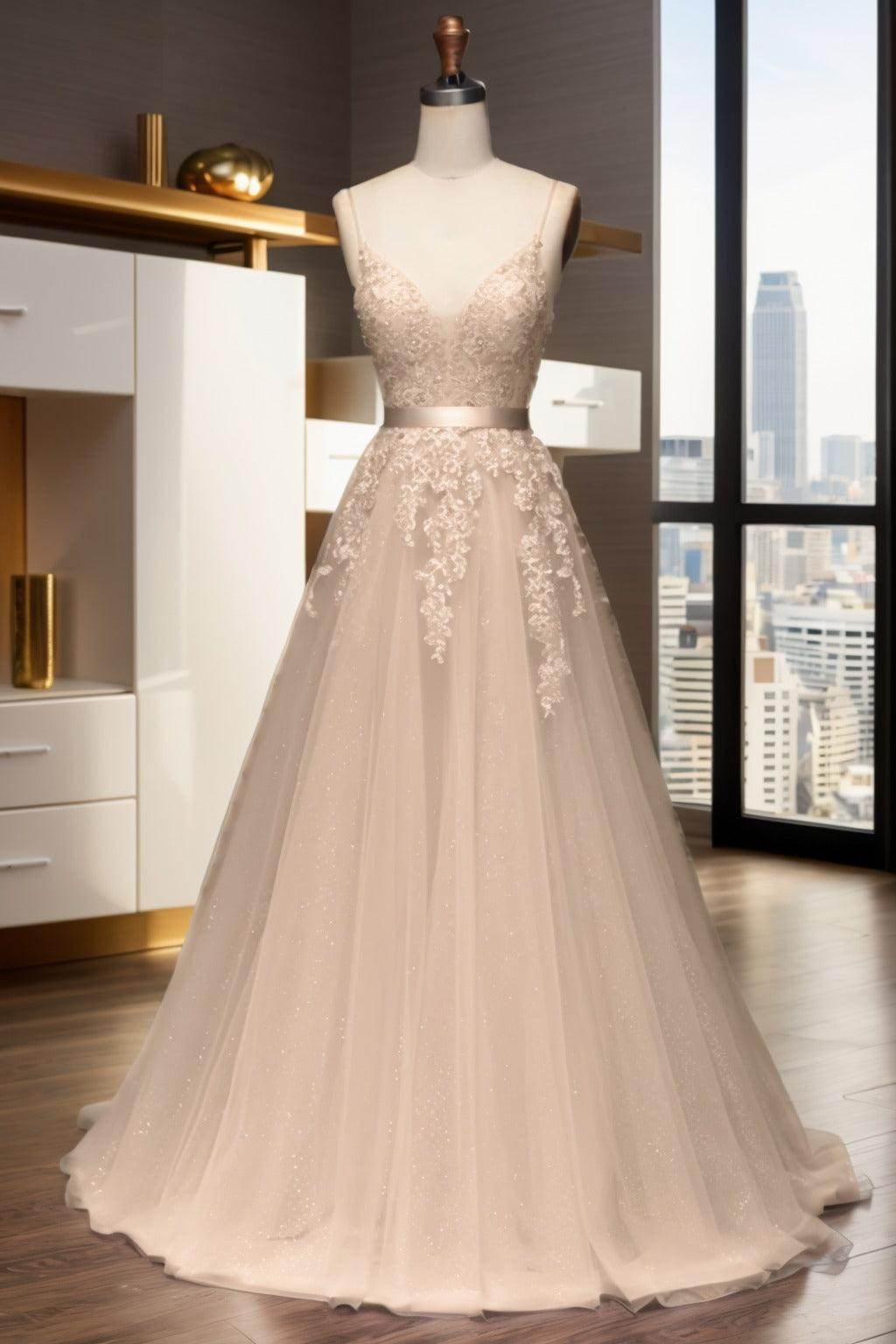 A-Line Sweep-Brush Train Tulle Prom Dress CS0464