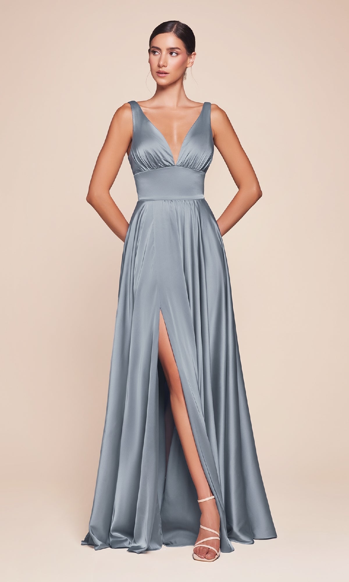 A-Line V-Neck Classic Long Satin Prom Dress CL7469A