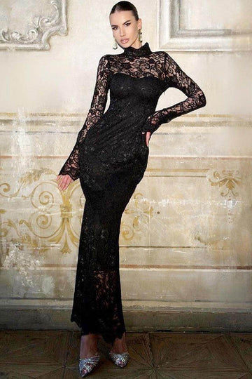 Lace patchwork slim long sleeved cocktail dress 769178582453
