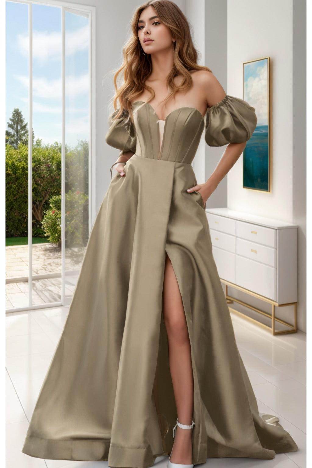 A-Line Sweep-Brush Train Satin Prom Dress CS0448