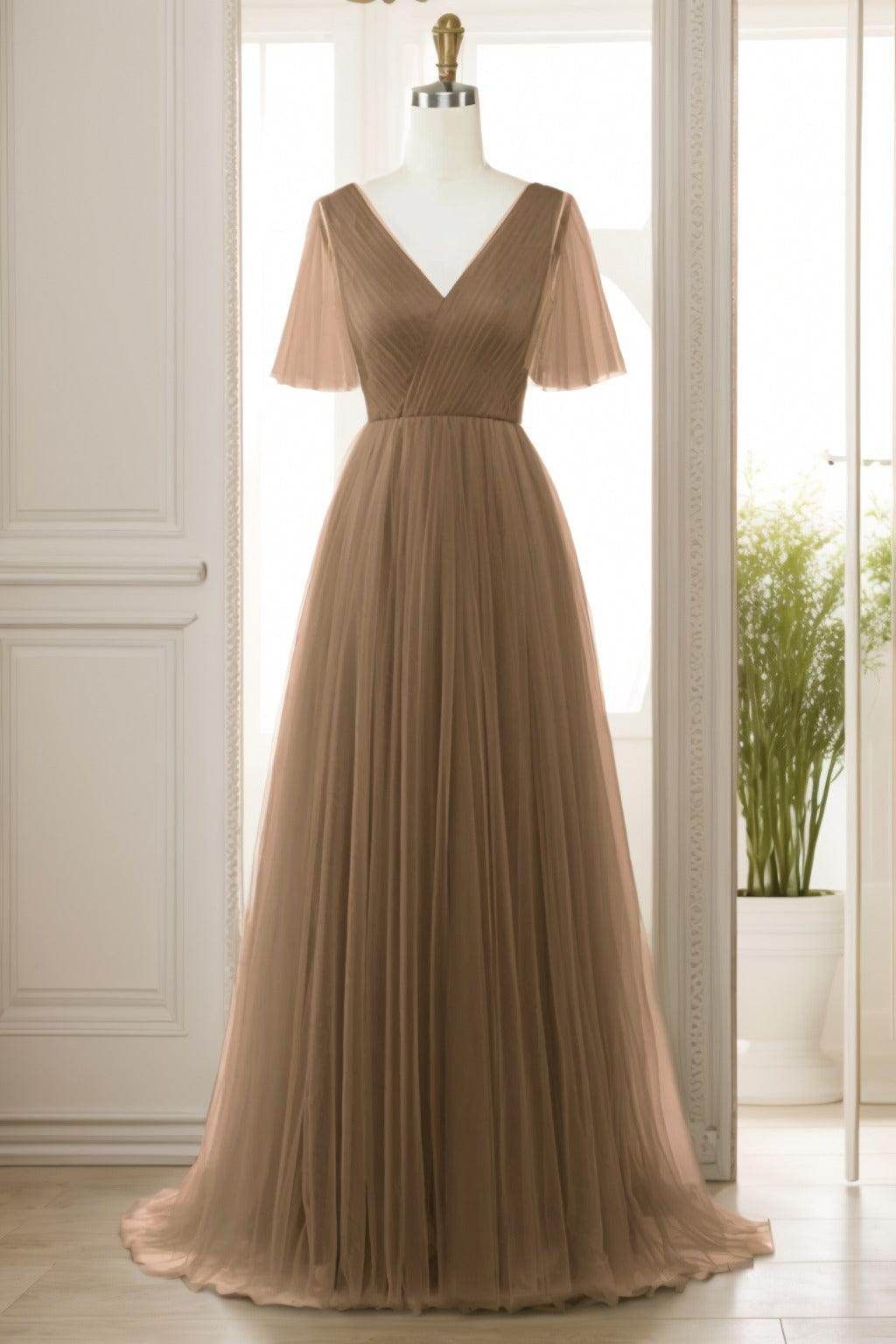 A-Line Sweep-Brush Train Tulle Prom Dress CS0472