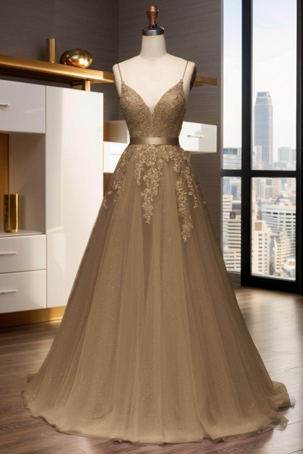 A-Line Sweep-Brush Train Tulle Prom Dress CS0464