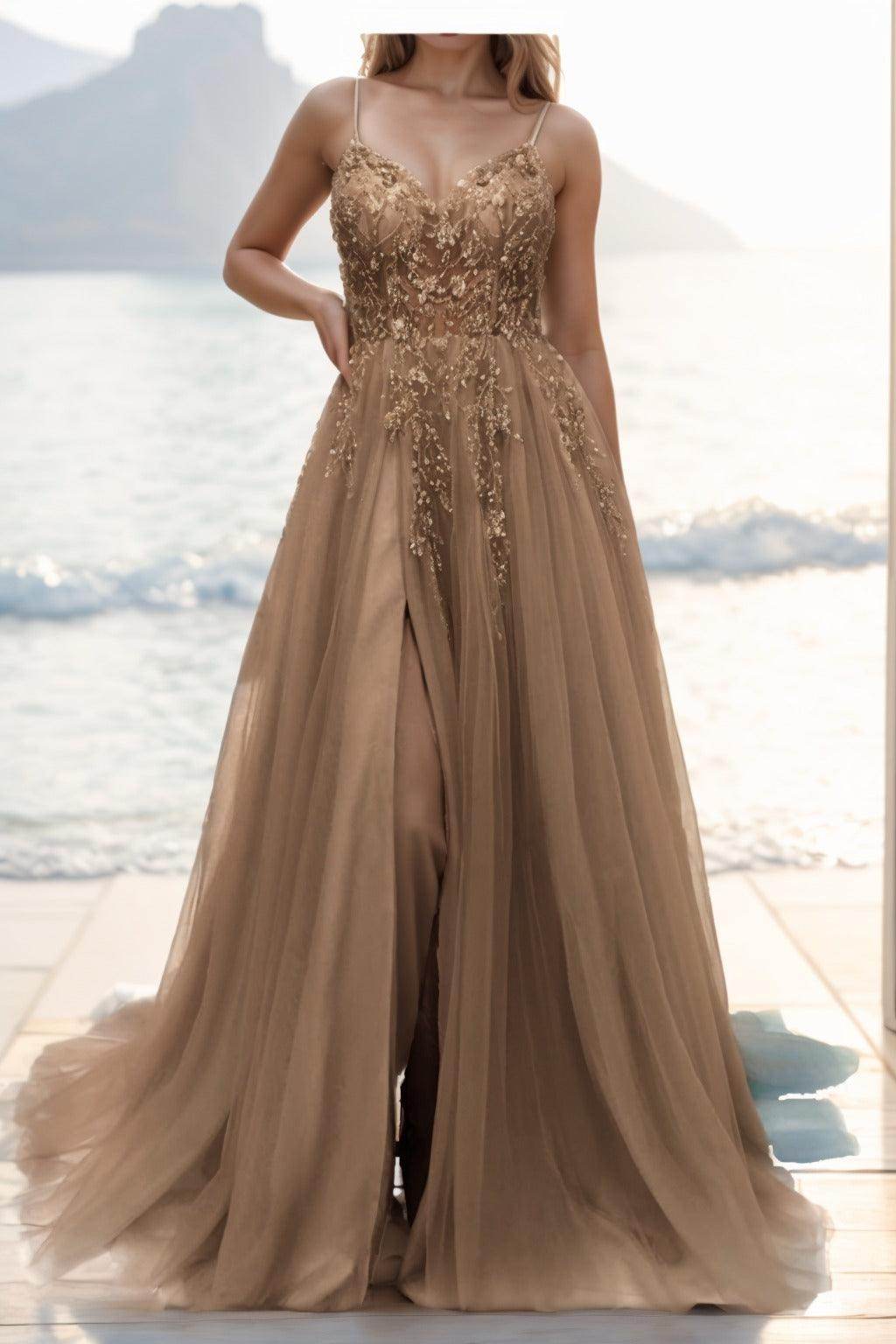 A-line Sweep-Brush Train Tulle Prom Dress CS0402