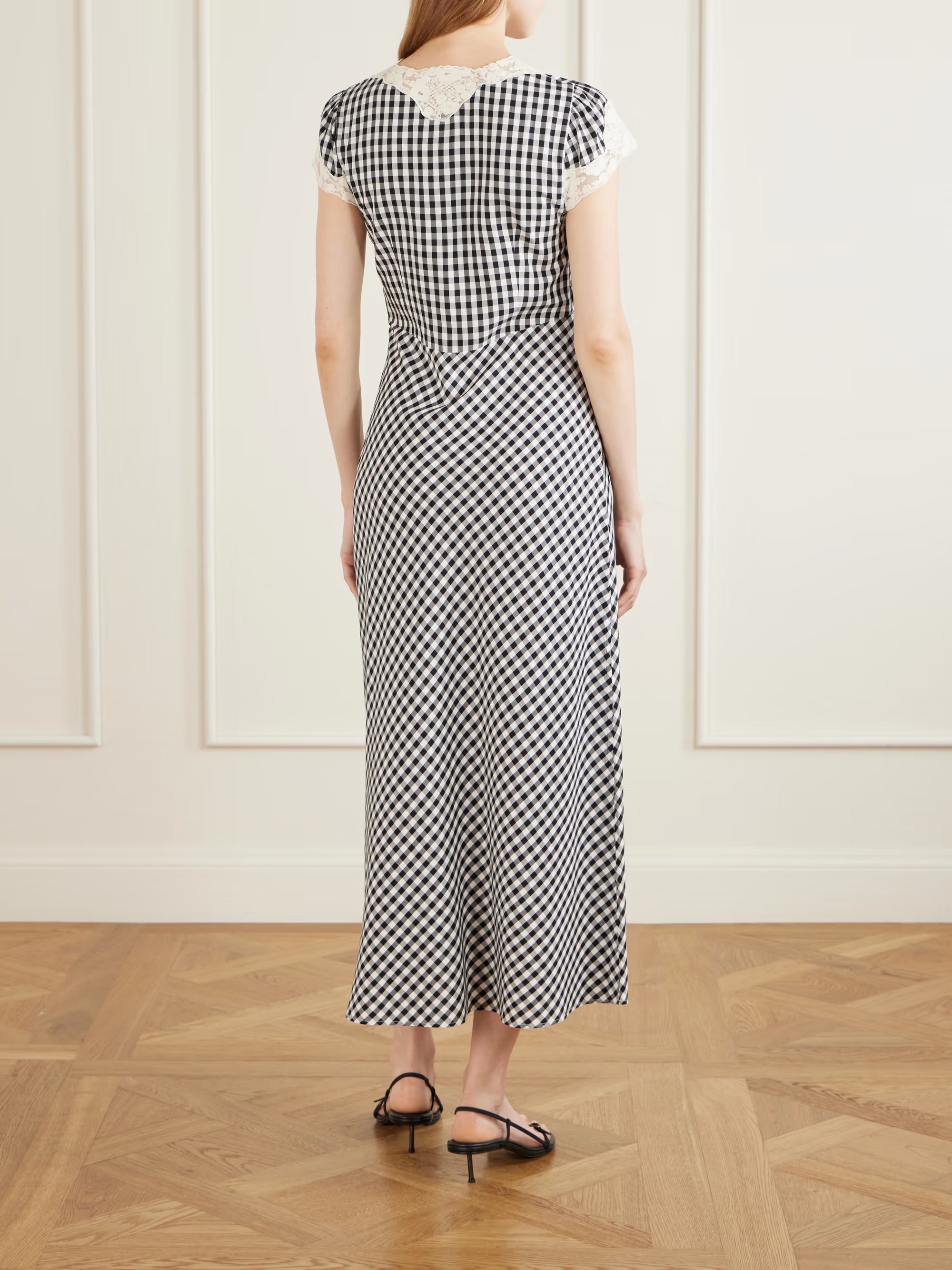 Amari bow-detailed lace-trimmed checked woven midi dress