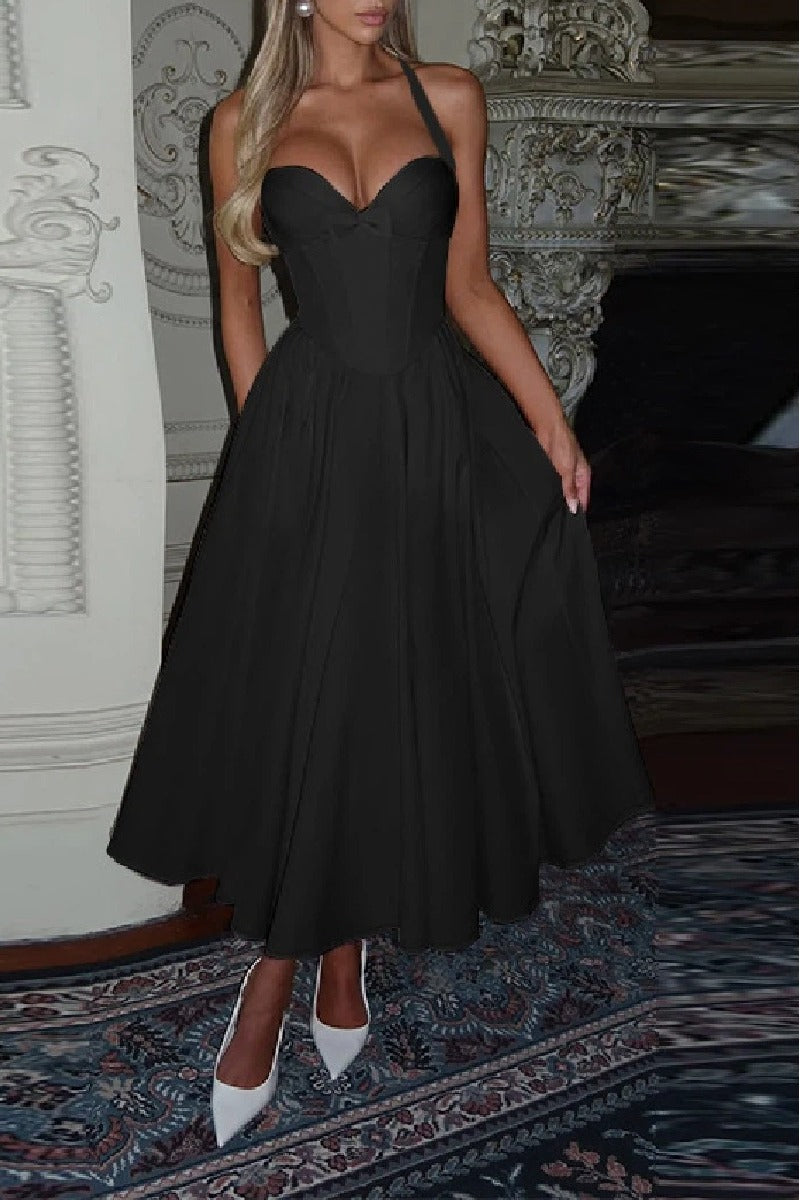 A-Line Tea Length Satin Wedding Guest Dress 973789759252