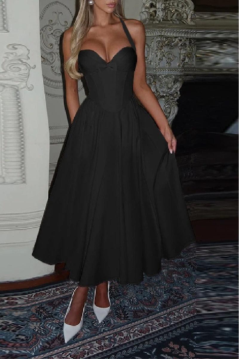 A-Line Tea Length Satin Wedding Guest Dress 973789759252