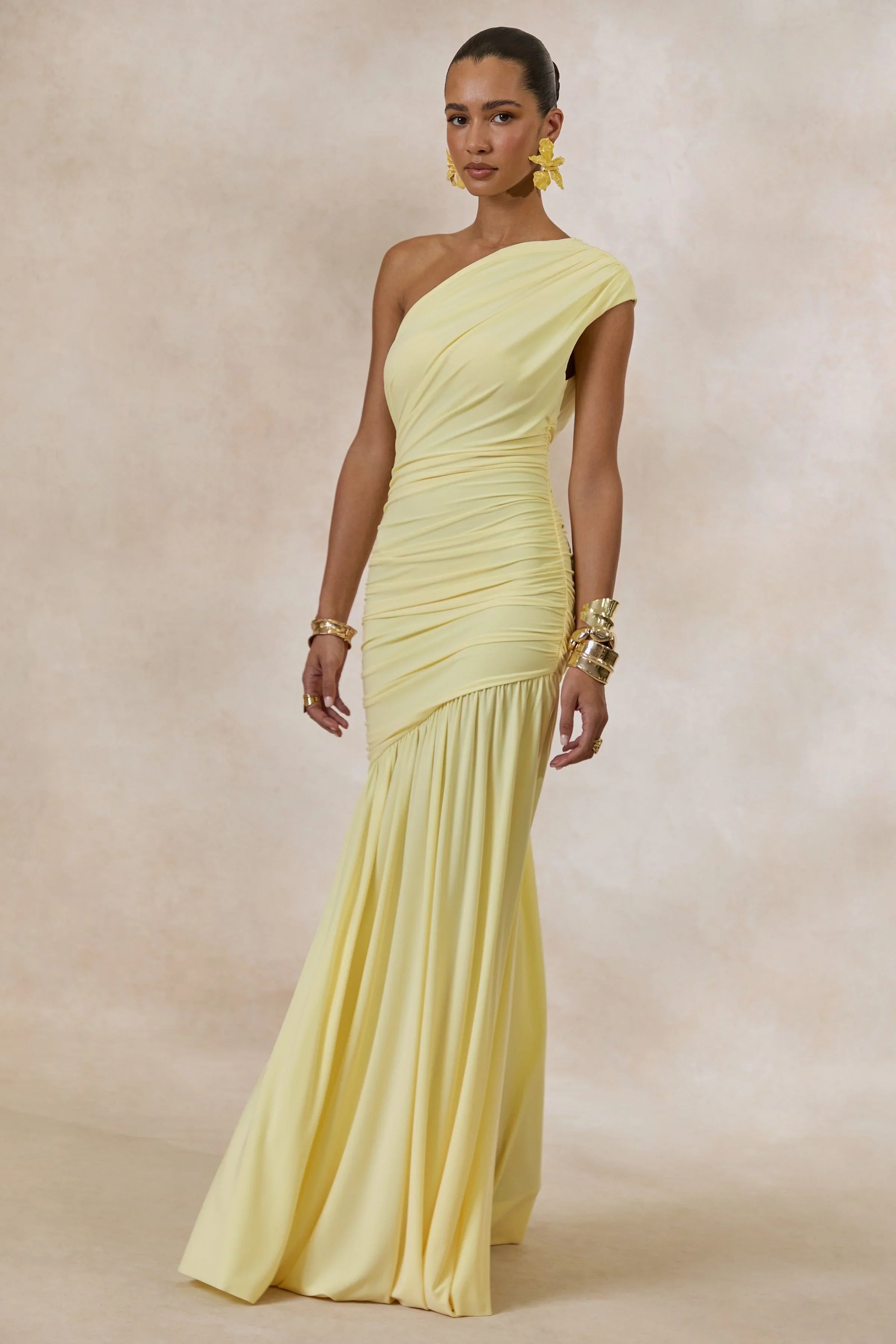 Alaya | Lemon Asymmetric-Neck Maxi Dress With Drop-Waist