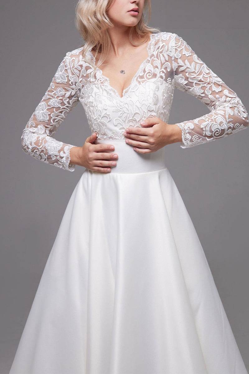 A-Line Tea Length Lace Satin Little White Dress 100017