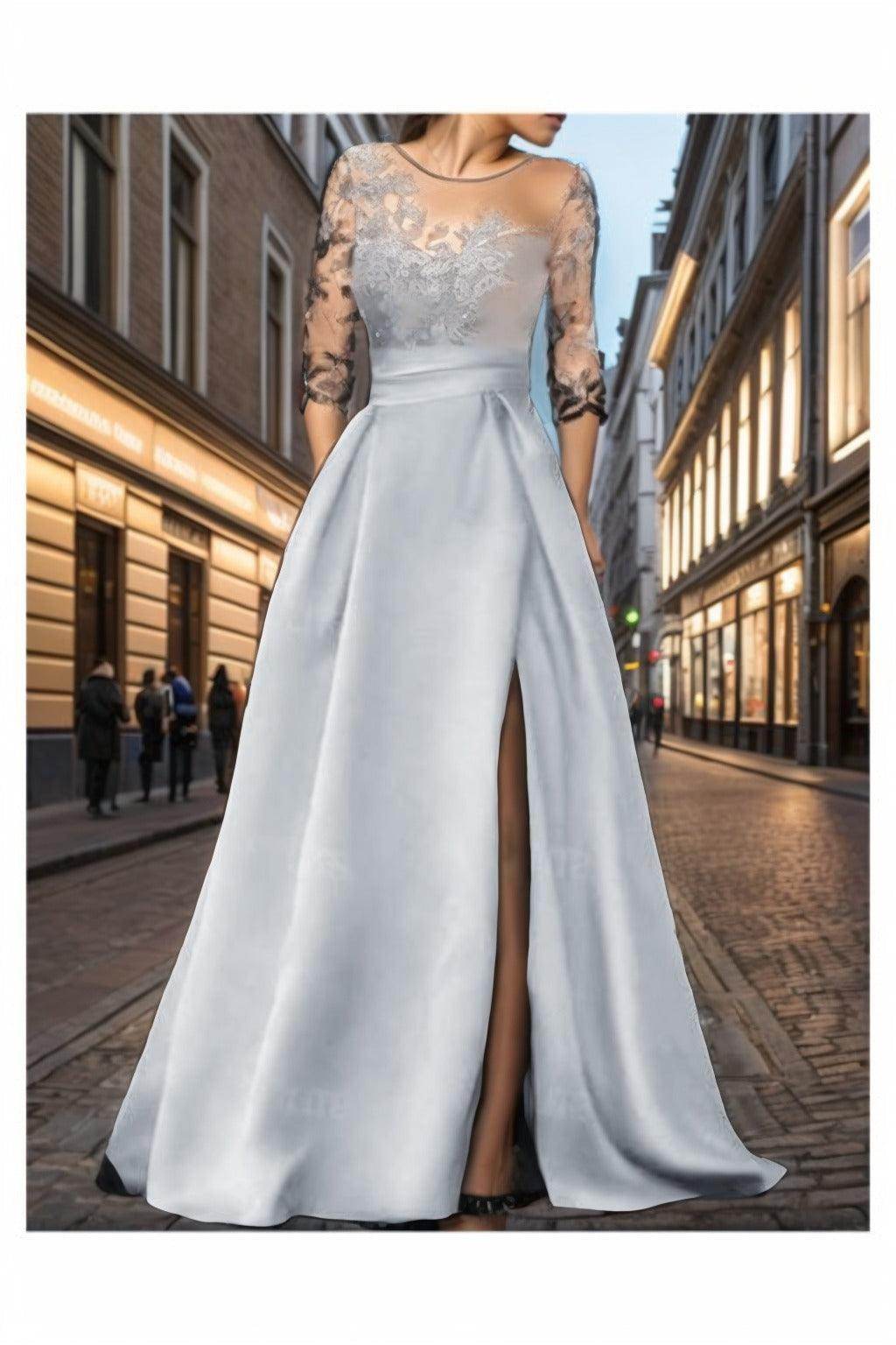 A-Line Sweep-Brush Train Satin Prom Dress CS0456