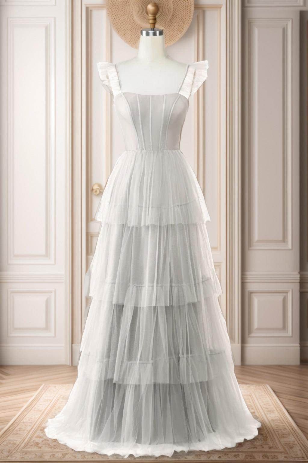 A-Line Sweep-Brush Train Tulle Prom Dress CS0471