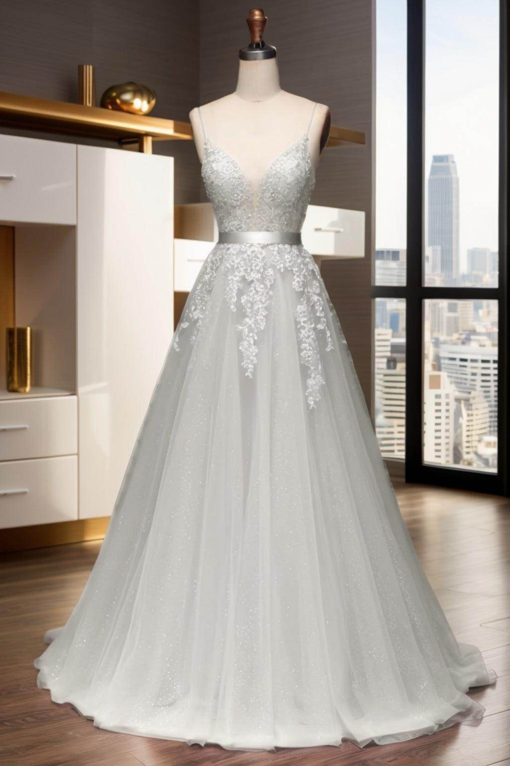 A-Line Sweep-Brush Train Tulle Prom Dress CS0464
