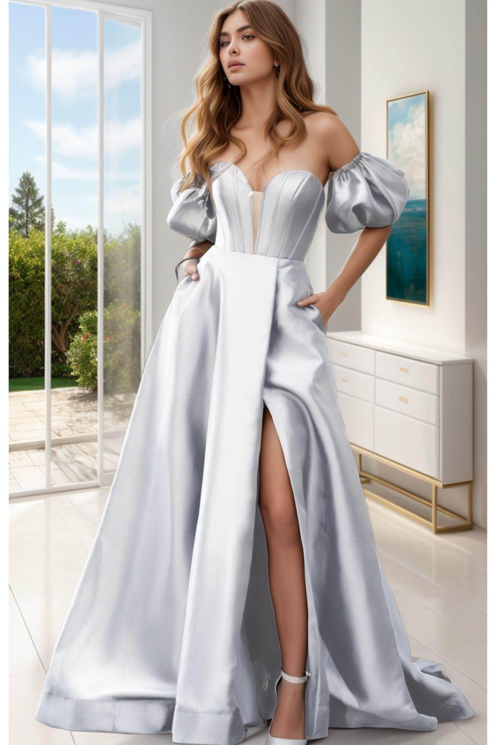A-Line Sweep-Brush Train Satin Prom Dress CS0448