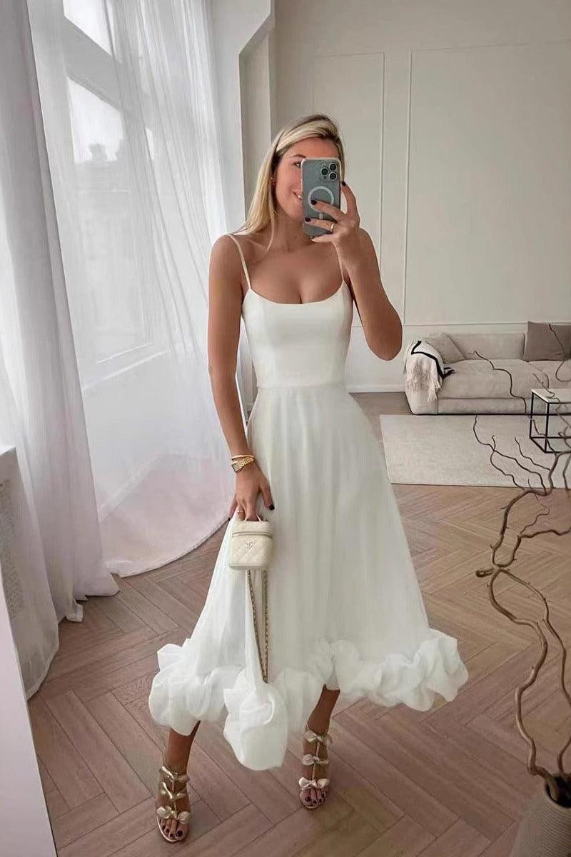 A-Line Tea Length Chiffon Wedding Guest Dress 714081841047